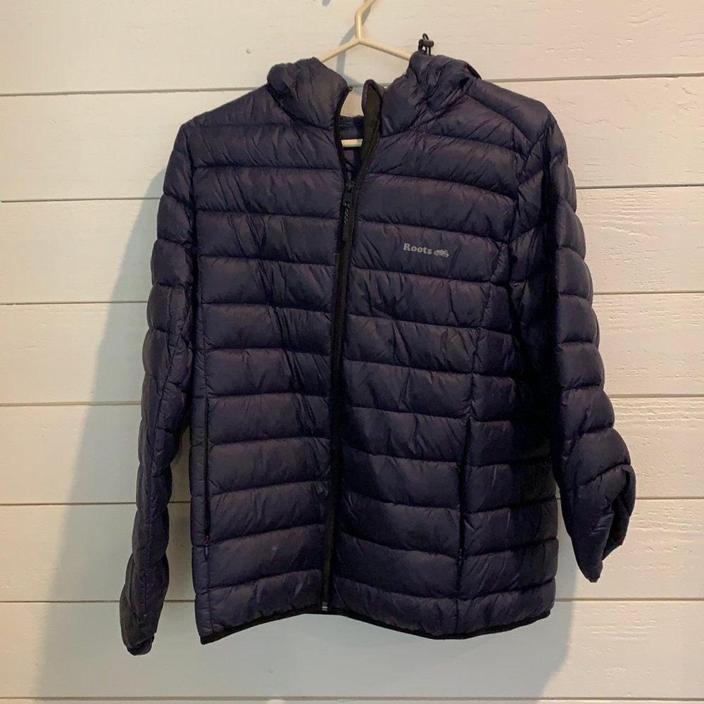 Roots packable navy blue down puffer jacket szM